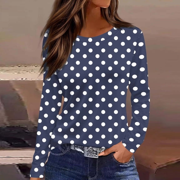 thefmos Winter Polka Dot Round Neck Long Sleeve Tops for Women Pullover Casual Basic Dressy Blouses Loose Fit Trendy Fall Fashion Clothes, Dark Blue XL