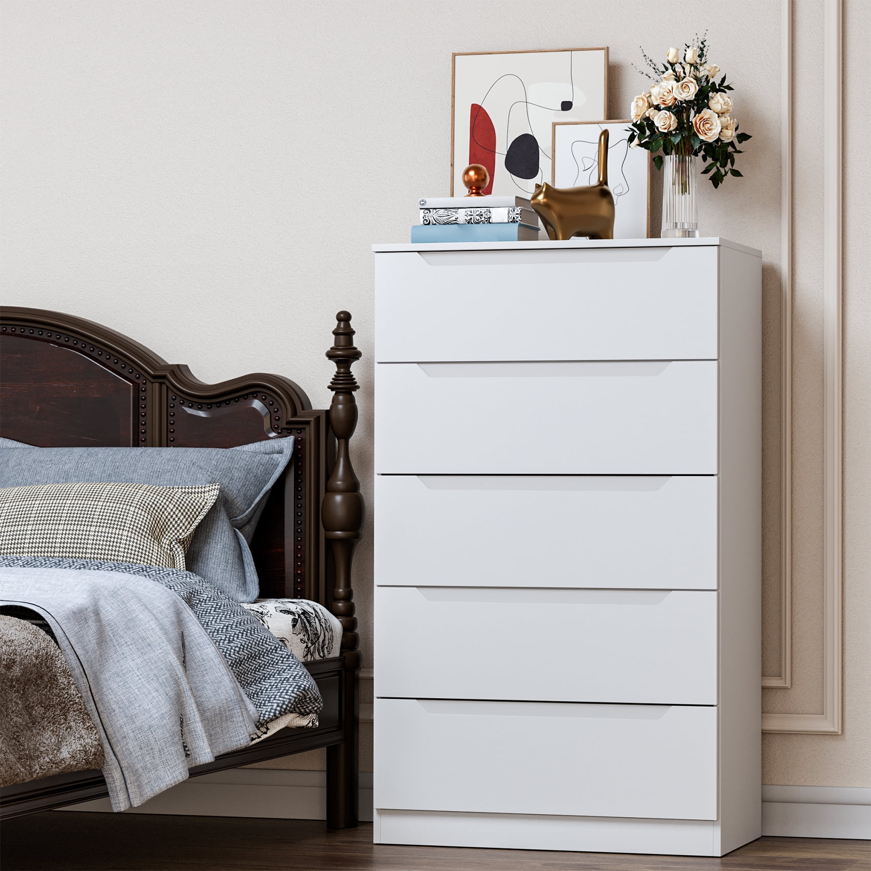 Winkalon Vertical 5 Drawer Dresser, Wood Storage Cabinet with Upgraded Stable Base for Bedroom Living Room, White