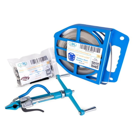 IDL Packaging 1/2" Stainless Steel 304 Banding Kit – Heavy-Duty Banding Tool   1/2" x 0.03" x 100' Stainless Steel 304 Banding Coil   100 Stainless Steel Ear-Lokt Buckles