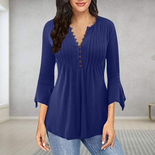 Tops de Mujer Elegantes Blusas Casuales Camisas Trompeta 3 4 Manga Solido Abotonado Basico Fruncido Corse Tunica Plisada Odeerbi ODB170970 Bodega Aurrera en linea
