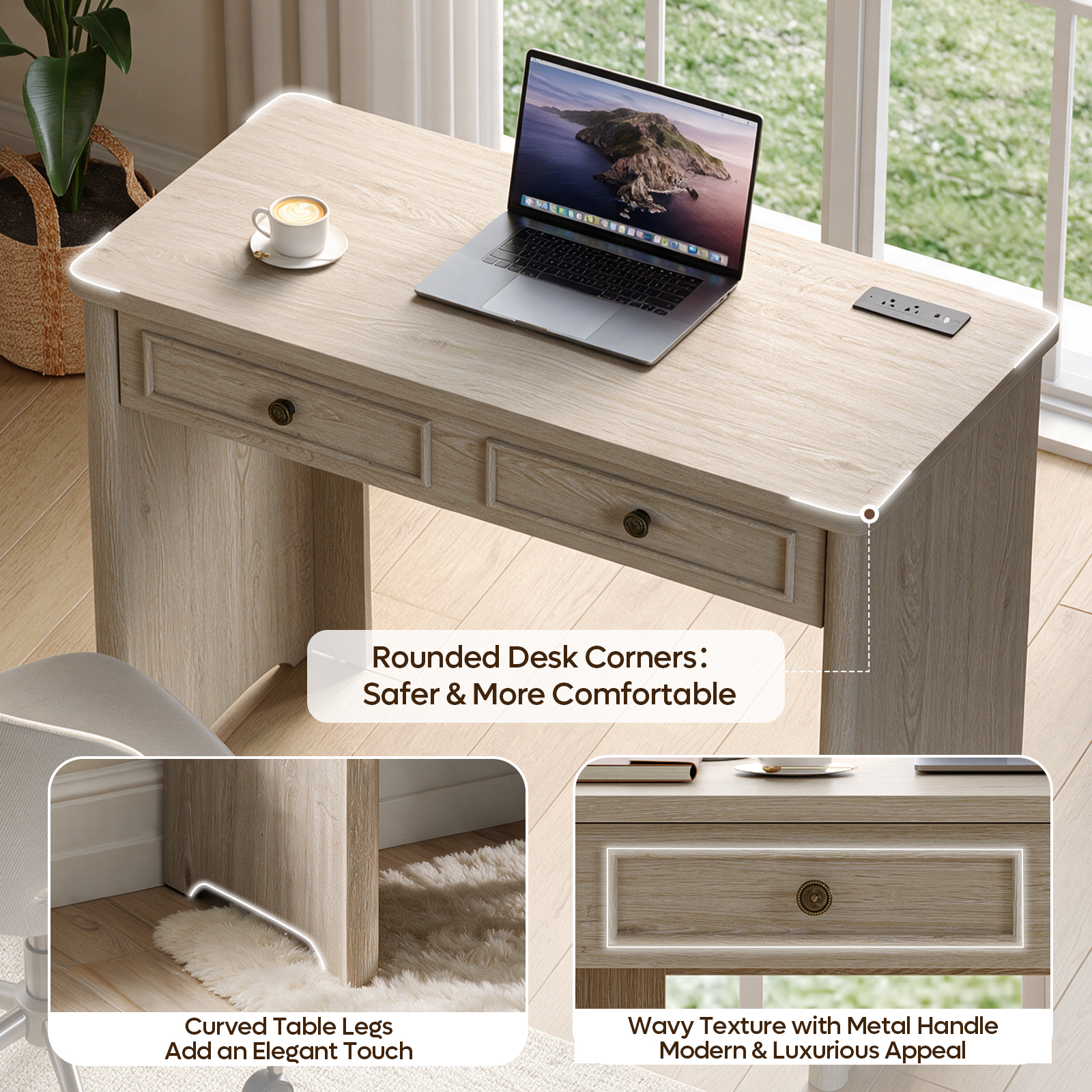 Bestier 39" Computer Desk with Power Outlets and Drawer, Light Oak photo 4