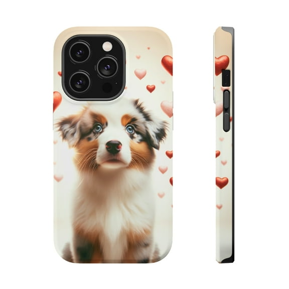 DistinctInk Tough Case for Apple iPhone 14 PRO (6.1" Screen), Compatible with MagSafe Charging - Valentine's Day Australian Shepherd Puppy