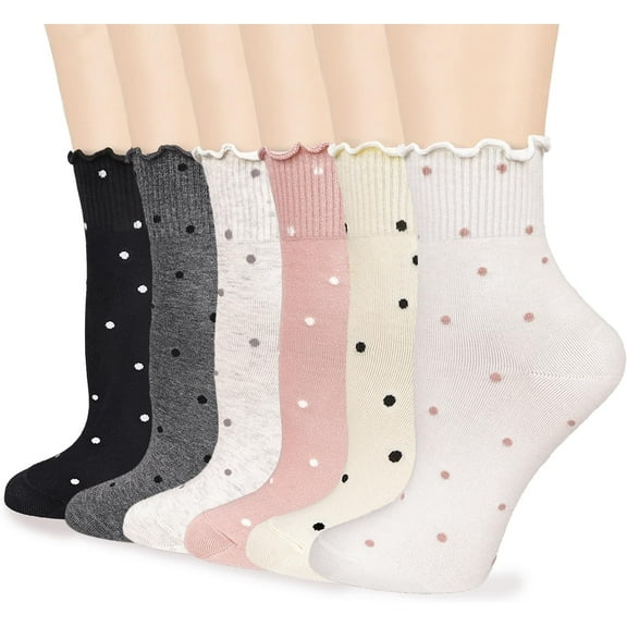 YooGuoGuo Women's Ruffle Socks,Casual Ankle Breathable Knit Cotton Cute Polka Dot Crew Frilly Sock 6 Pack