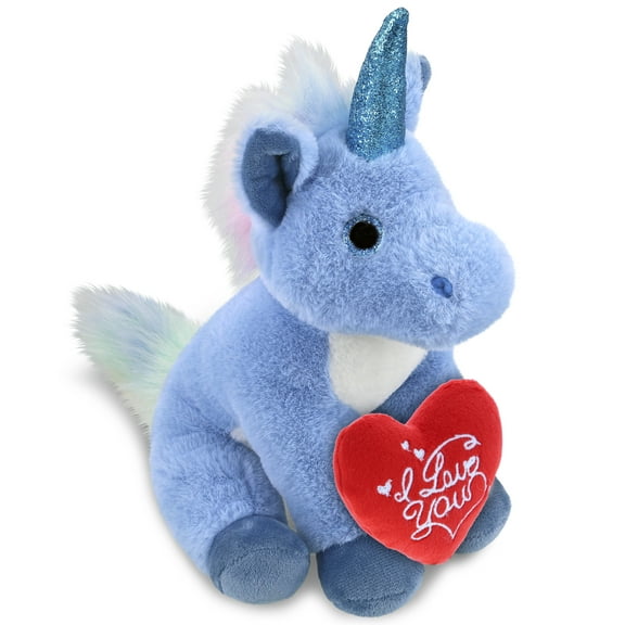 DolliBu I Love You Plush Super Soft Blue Unicorn - Cute Stuffed Animal Unicorn with Red Heart Plush for Valentines, Anniversary, Romantic Date, Boyfriend, or Girlfriend Gift - 9 Inches