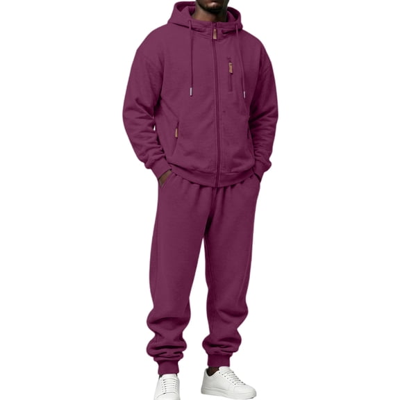 Dwelliawo Sweatsuits for Men 2 Piece Solid Color Full Zip Sweat Hoodie Jogging Sport Pant Set Fleece Fall Suit with Pockets Wine M