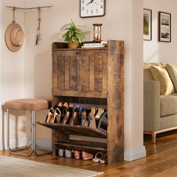 Asofer Shoe Cabinet with 2 Flip-Down Drawers & Open Storage – Freestanding Narrow Entryway for Hallway, Closet, Dorm, Retro