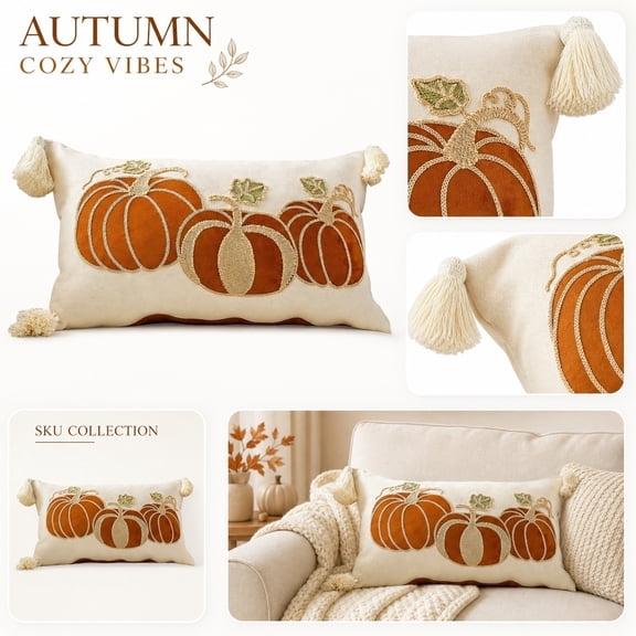Decorative Throw Pillows for Couch, Fall Decor for Home, Pumpkin Home Decor, Fall Pillow Covers, 20X12 Inch Rectangular Orange Three Pumpkin Pattern Pillow Cover No Filler,