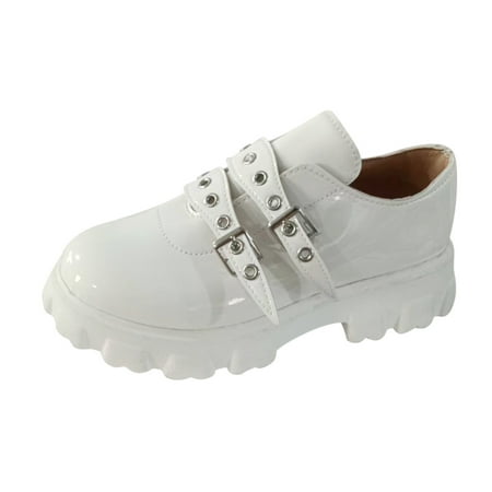 

Cathalem Ladies Fashion Solid Color Bright Leather Belt Buckle Thick Sole Casual Shoes White 41
