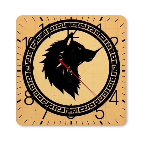 RKSupls 10×10inch Square Silent Wall Clock Wooden Frame, Greek Wolf Medallion Scale Decorative Clock for Home Bedroom Living Room Office