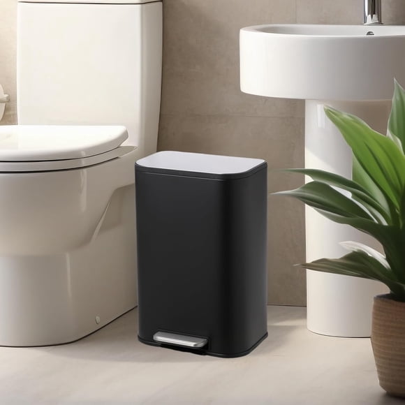 Bingirl Bathroom Trash Can, 3.2 Gallon Stainless Steel Garbage Can with Lid, Rectangular Small Step Waste Bin with Foot Pedal & Removable Inner Bucket for Kitchen Bedroom Restroom (Matte Black)