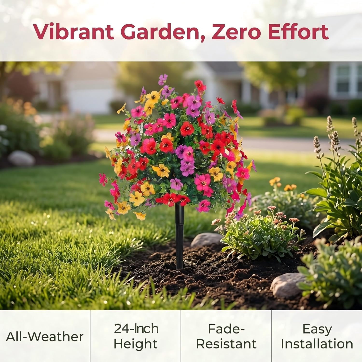 Artificial Flowers for Outdoors 24" Artificial Petunias with Ground Stake, UV Resistant Waterproof Lifelike Faux Flowers Decor for Garden Yard Patio Porch Home (Multi-Color (2 Pack))