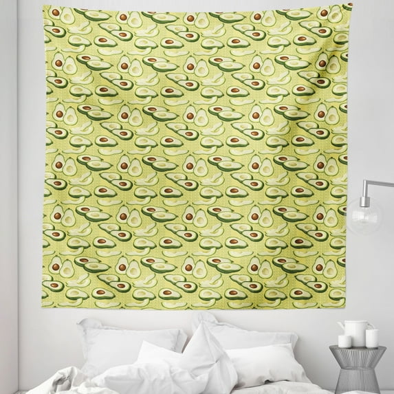 Avocado Tapestry, Cartoon Ripe Avocados in Slices with Pattern Raw Tropical Fruit, Fabric Wall Hanging Decor for Bedroom Living Room Dorm, 5 Sizes, Green Pale Green Brown, by Ambesonne