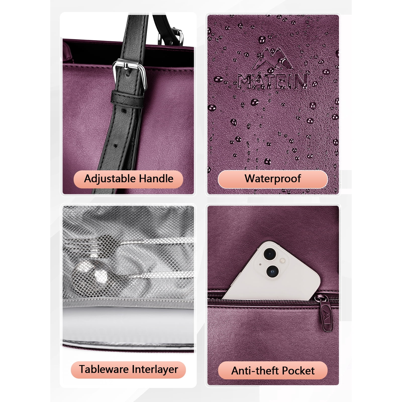 Matein Laptop Tote Bag for Women Men, 15.6 inch Waterproof PU Leather Work Shoulder Bag with Insulated Lunch Compartment, Dark Purple
