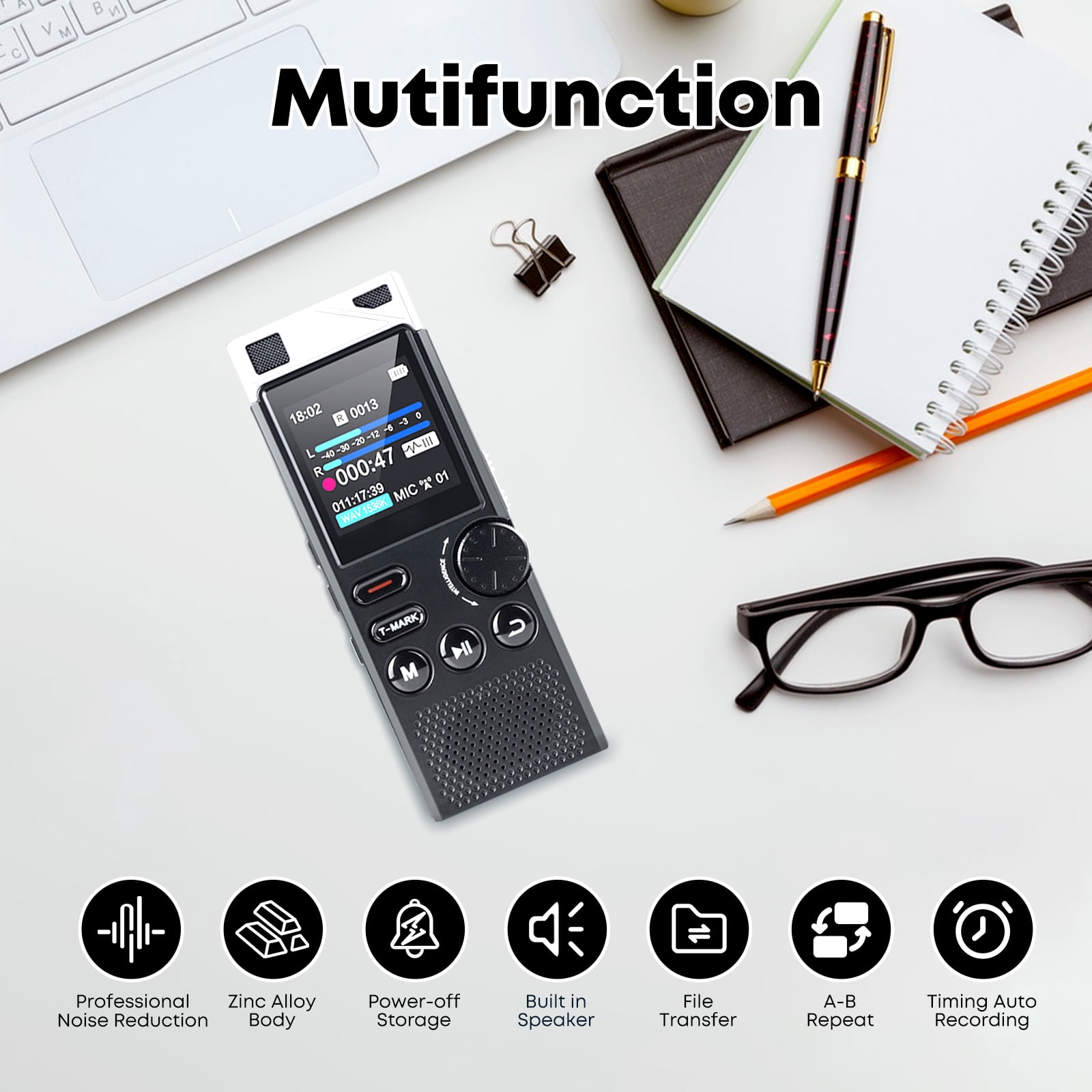 Professional 264GB WUCOTC Digital Voice Recorder - Voice Activated Recorder for Lectures Meetings - 18000 Hours Recording Device with Playback, MP3 Player, Password Protection, Variable Speed., Black