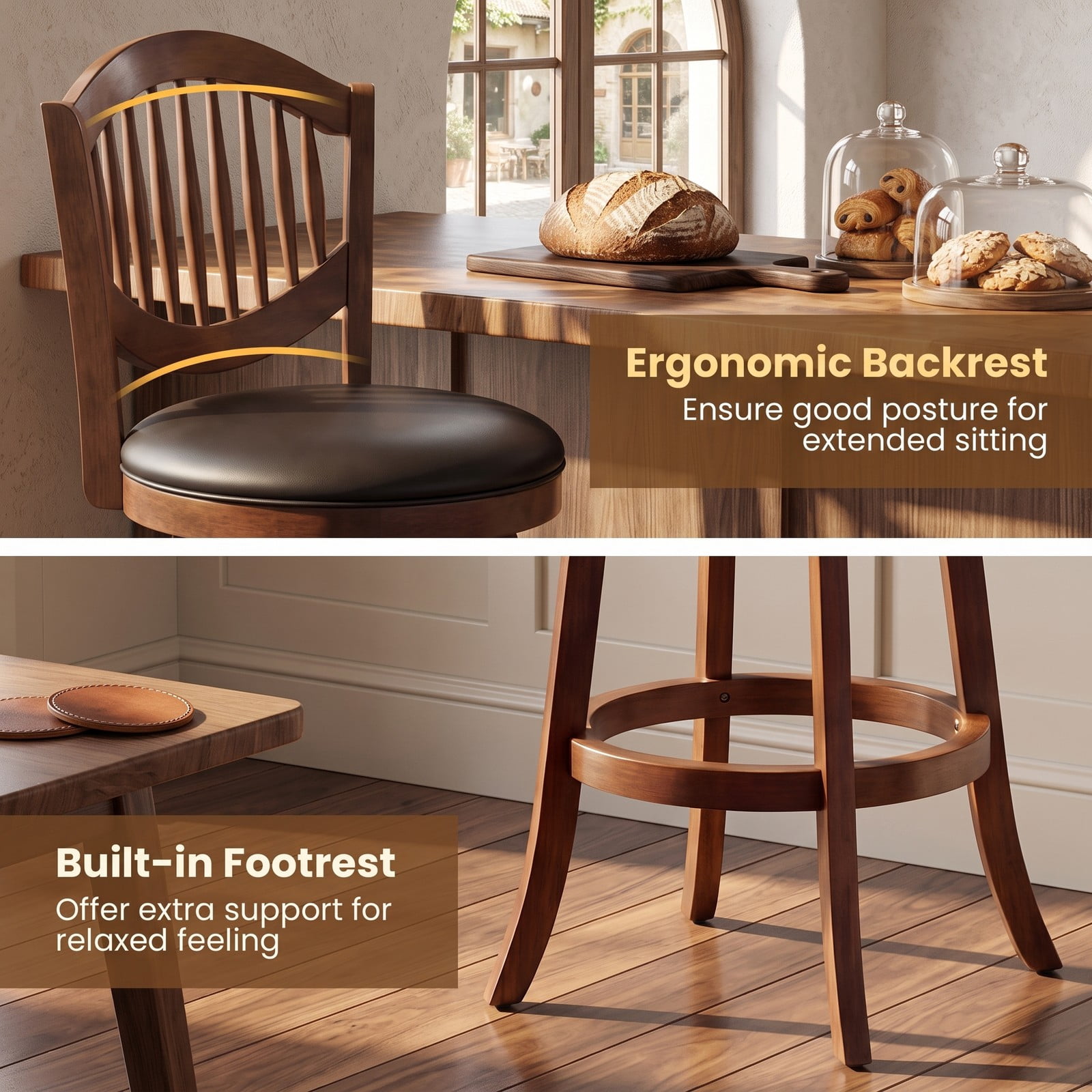 Furnibear Swivel Bar Stools Set of 2, 30 Inch 360 Degree Rotating Barstools with Curved Backrest, Footrest and Solid Rubber Wood Frame, PVC Leather, Espresso and Black