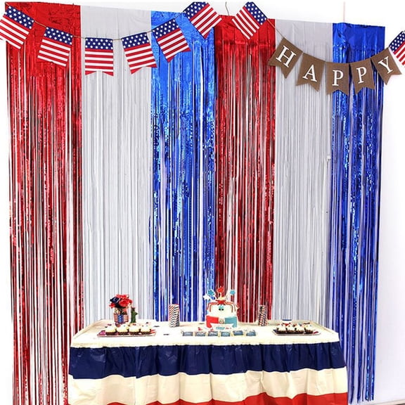 PEONAVET 4th of July Backdrop Decorations, 2 Pack Red White Blue Tinsel Foil Fringe Curtains, Patriotic Star Print Photo Backdrop Party Decorations