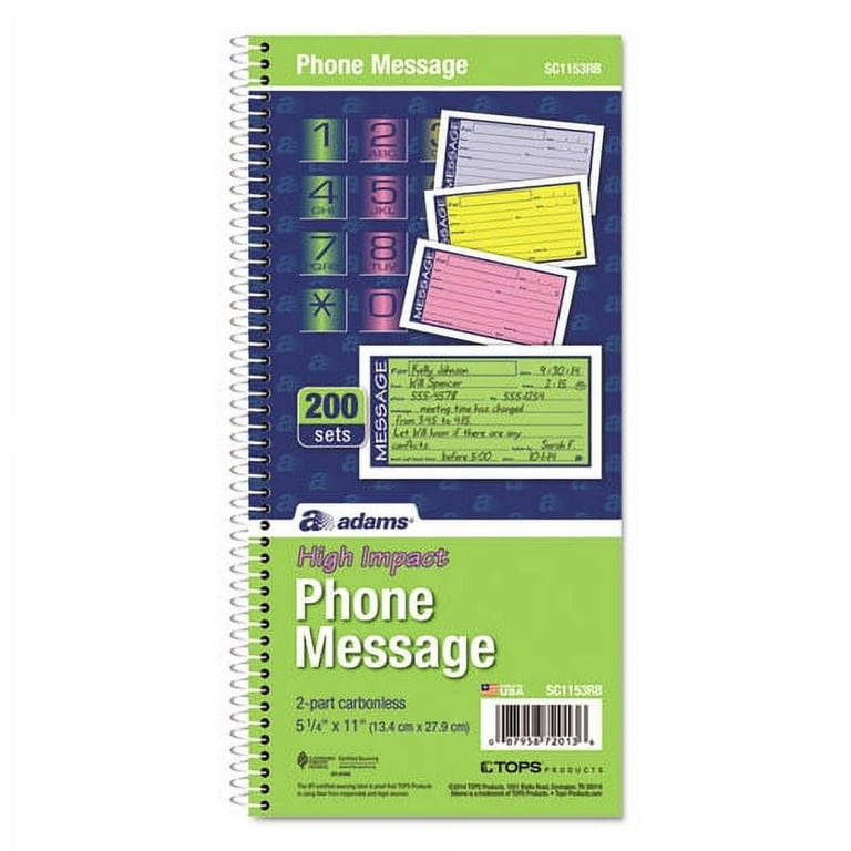 Wirebound Telephone Book with Multicolored Messages, Two-Part Carbonless, 4.75 x 2.75, 4 Forms/Sheet, 200 Forms Total Wirebound Telephone Book with Multicolored Messages, Two-Part Carbonless, 4.75 x 2.75, 4 Forms/Sheet, 200 Forms Total