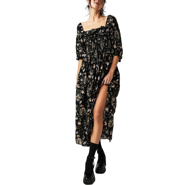 ZAXARRA Robe Florale Femme Ligne A Volants Col Carré Manches 3/4 Robe Longue de Soirée pour Plage Cocktail Boîte de Nuit Mode Urbaine