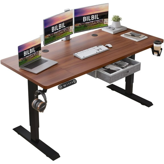 bilbil 63x30 Inches Electric Standing Desk with Drawer, Height Adjustable Sit Stand Up Desk with 4 Splice Boards, Home Office Desk Computer Workstation with Dark Walnut Top/Black Frame