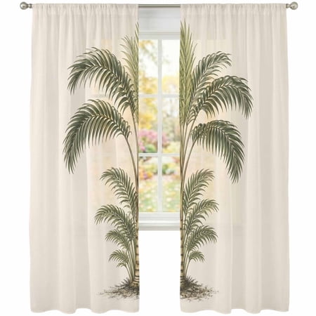 Palm Fronds Sheer Curtains 84 Inches Long 2 Panels Vintage Botanical Green Tree Beige Background Semi Sheer Rod Pocket Window Curtains Light Filtering Drapes for Living Room Bedroom