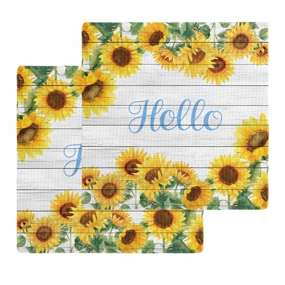 Sunflowers Kitchen Dish Towels for Drying Dishes Set of 2, Yellow Flowers Summer Botanical Pastoral Wooden Waffle Weave Microfiber Hand Tea Bathroom Towels Quick Dry & Absorbent Towel 12x12