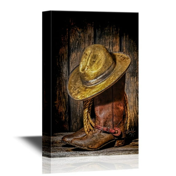 wall26 Retro Style Canvas Wall Art - American West Rodeo Cowboy Hat ATOP Worn and Muddy Leather Working Rancher Boots - Gallery Wrap Modern Home Art | Ready to Hang - 24x36 inches