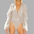 thumbnail image 2 of Penkiiy Long Sleeve Ruffle Top Bodysuit for Women V-Neck Cowl Back Shiny Glitter One-piece Top Bodysuits with Sheer Mesh Thong Khaki Shapewear Tummy Control, 2 of 5