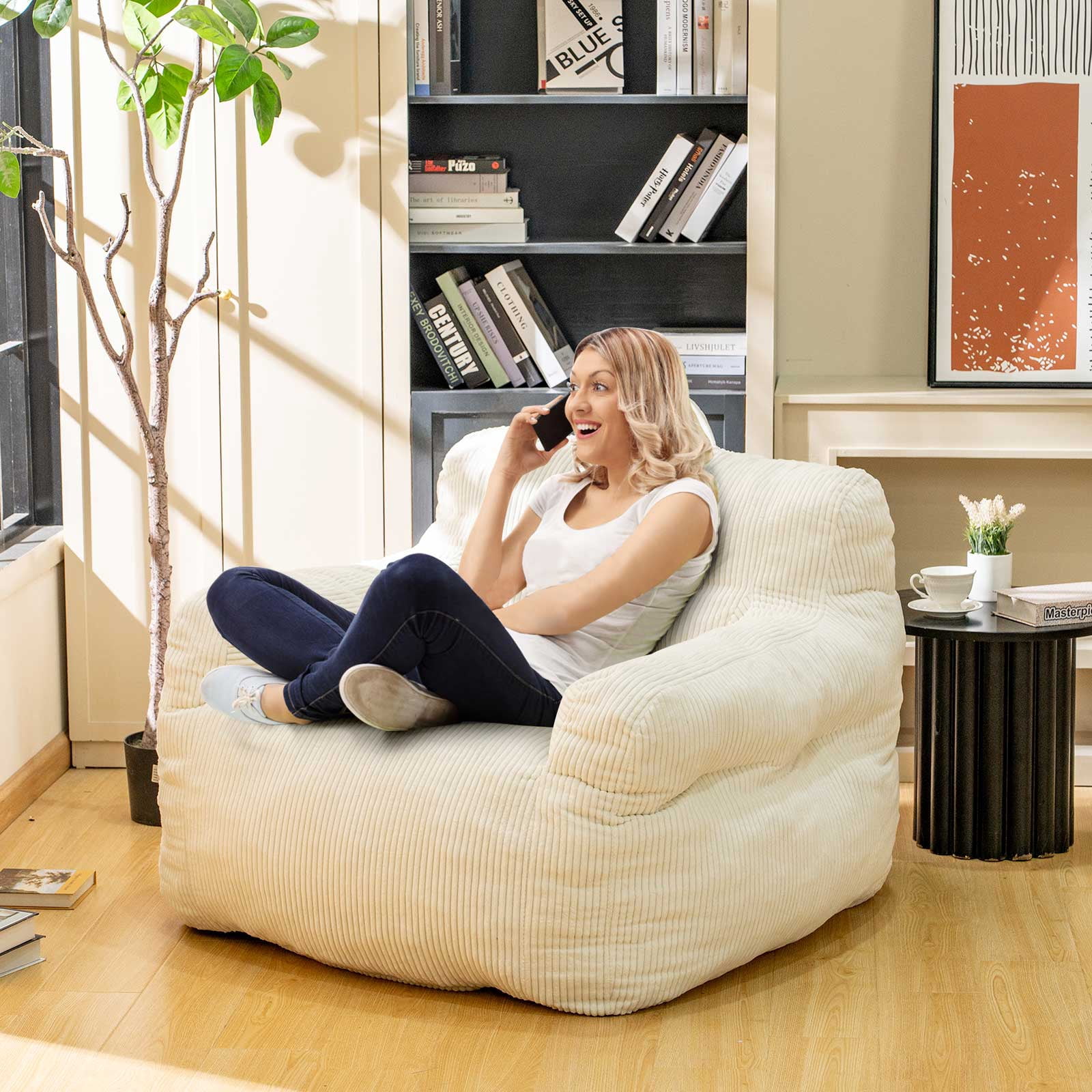 MIERES Large Bean Bag Chair for Adults & Kids, Giant Bean Bag Couch, Comfy Reading Chair with Armrests, Soft Cozy Chair for Bedroom, Lounge Sofa for Gaming, Napping & Relaxing, White