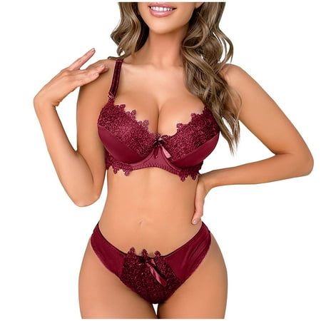 Sentmoon Lingerie for Women Woman Water Soluble Flowers Sexy Large Size Lace Strap Bra Briefs Underwear Set Valentines Lingerie Valentines Day Gifts for Her Deals of the Day Clearance