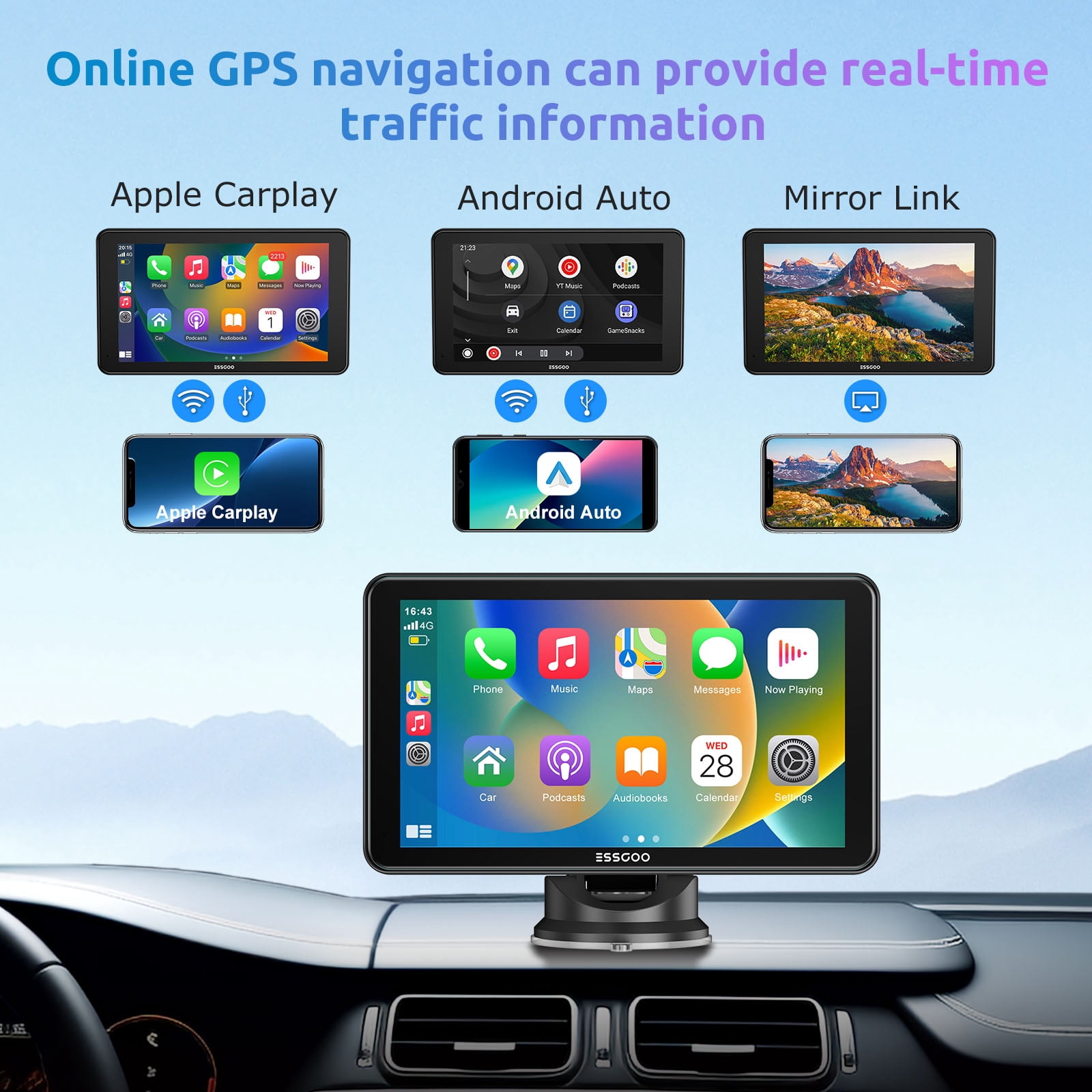 ESSGOO 7" Full HD Wireless Car Stereo: Apple CarPlay & Android Auto, Magic Link Screen Mirroring, Bluetooth 5.0, GPS Navigation, FM/AUX Audio – Universal Fit for Cars, Trucks, SUVs, RVs