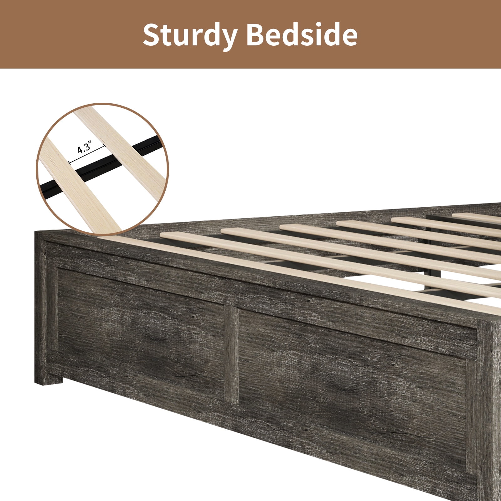 VanAcc Queen Size Platform Bed Frame with Wood Grain Headboard, Farmhouse Bed Frame with Storage/No Box Spring Needed/Noisy Free/Easy Assembly/Grey