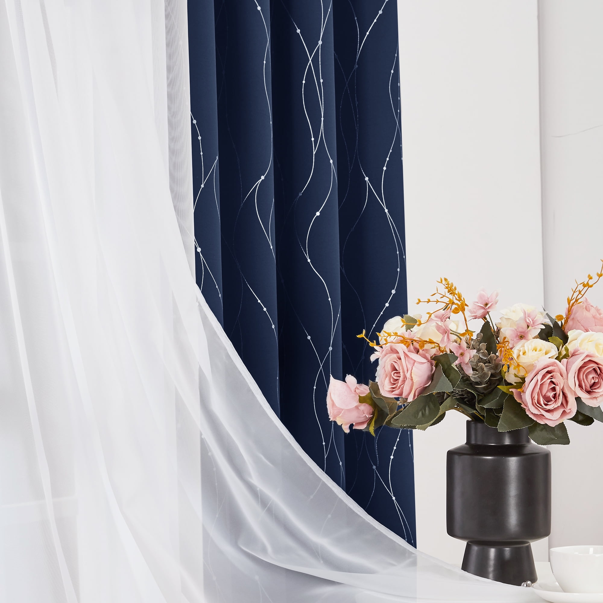 Deconovo 52"x72" Grommet Blackout and Sheer Curtains Set for Bedroom, Navy Blue/White, 4 Pcs, Adult
