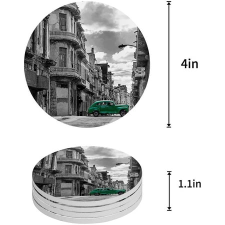 

KXMDXA Black and White Style Urban and Green Car Set of 4 Round Coaster for Drinks Absorbent Ceramic Stone Coasters Cup Mat with Cork Base for Home Kitchen Room Coffee Table Bar Decor