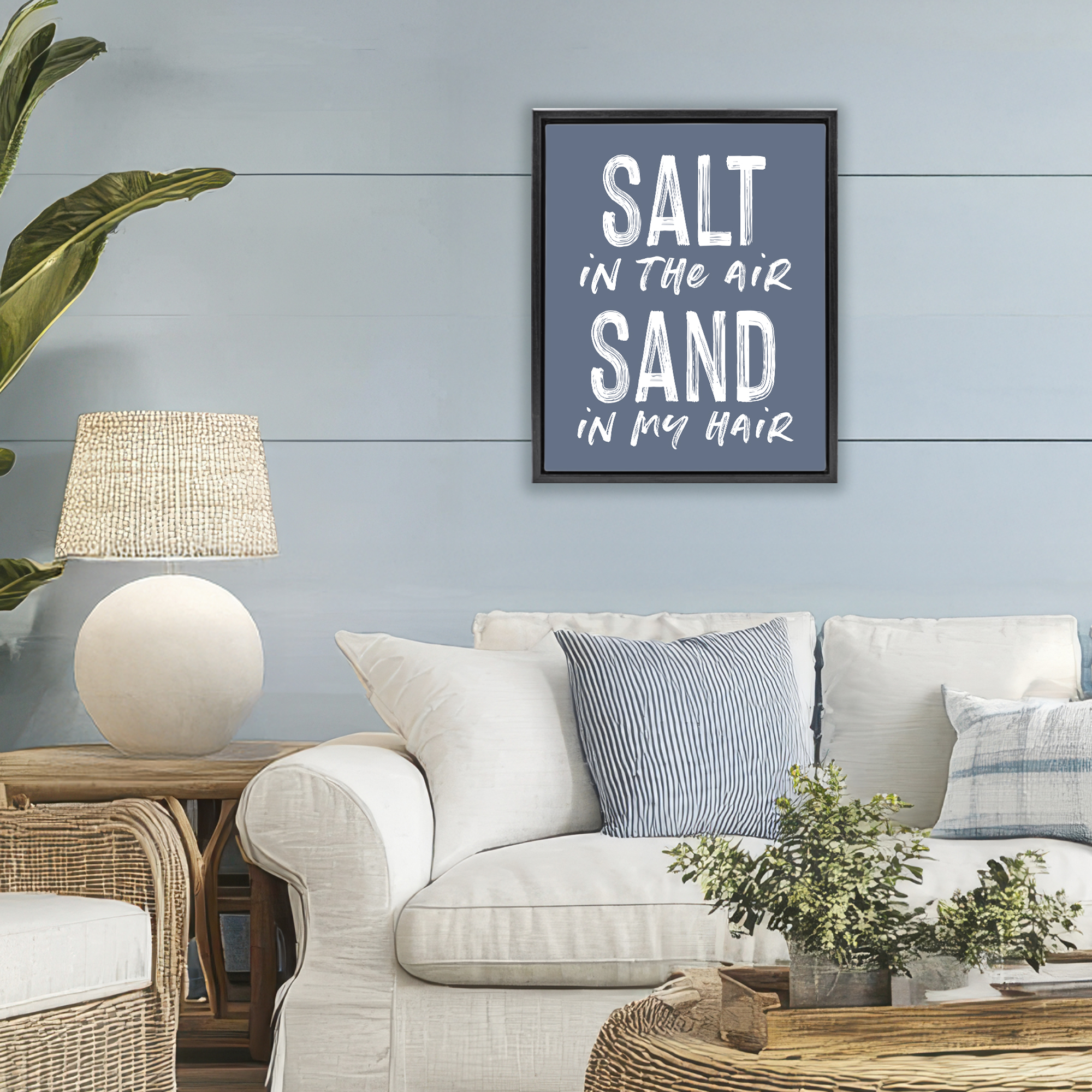 Summer Sentiment Salt Sand In Hair Black Framed Floater Canvas Wall Art, design by Lettered and Lined