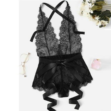 

Tangnade Women Eyelash Lace Criss Cross Romper Sexy Lingerie Siamese Sleepwear Bodysuit BlackXXL