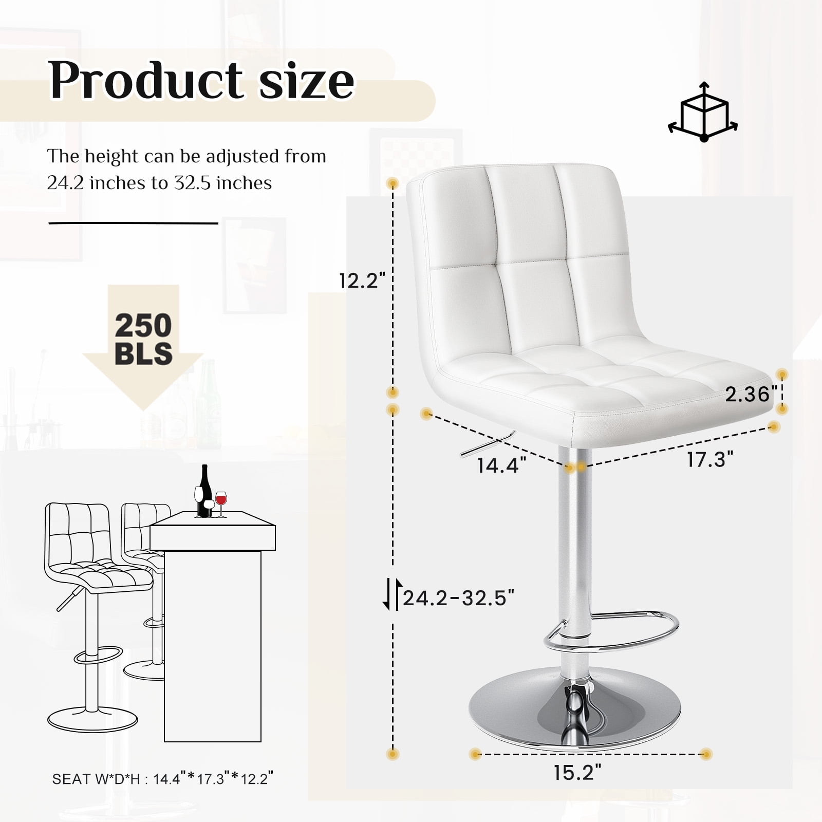 JIOABL Bar Stools Set of 2, Armless Adjustable Swivel Barstools, PU Leather Hydraulic Kitchen Counter Height Bar Stools, Thickened Seat Cushion Square Island Barstools with Back, White