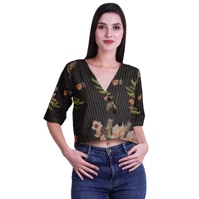 Moomaya Haut Court en Coton Imprimé Col en V Manches Coudées Vêtements d'Été Blouse Boho
