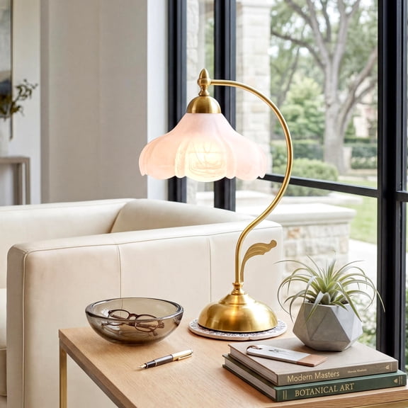 17.32" Gold Metal Table Lamps with Glass Petal Shade Vintage Flower Night Lamps Desk Lamps for Home Deco