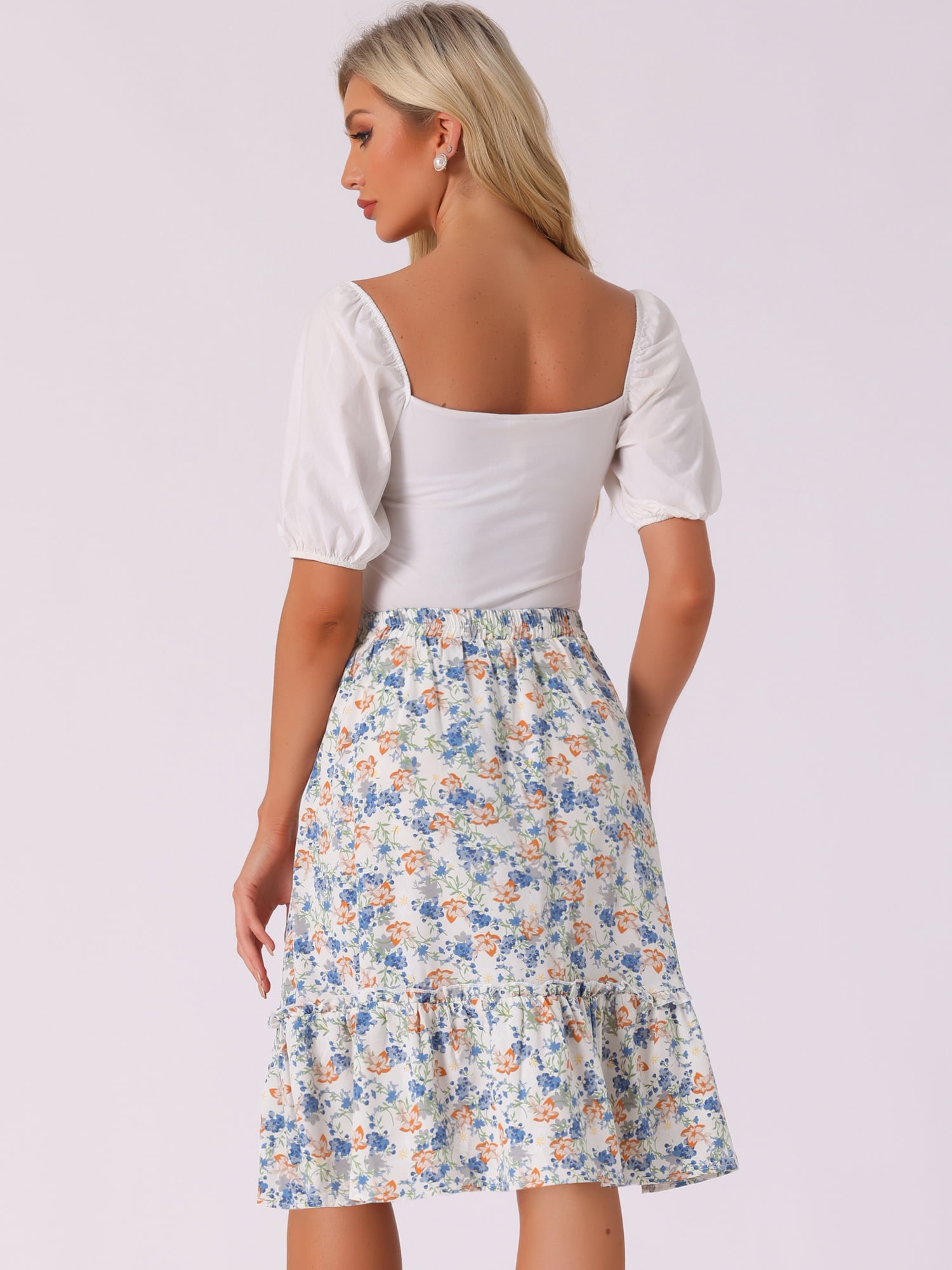 DARING DIVA Women's Flowy Ruffle Hem Tiered Floral Midi Skirt M Blue White