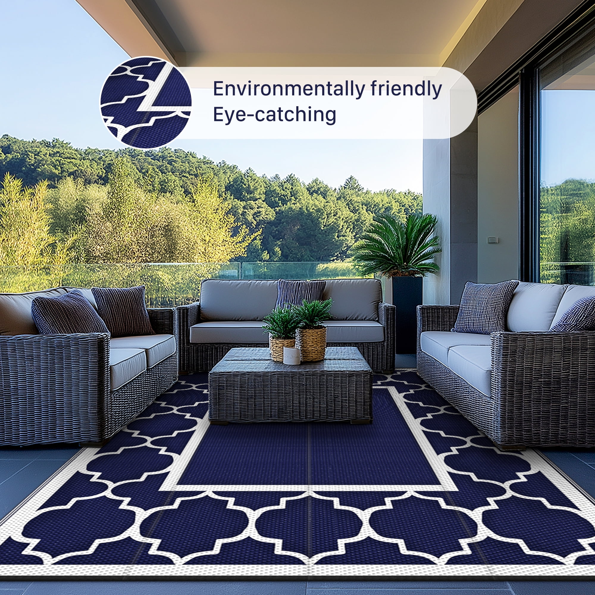 DEORAB Outdoor Rugs Waterproof Plastic Straw Mat 6'x9' Reversible Patio Deck Beach Blue & White
