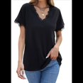 thumbnail image 3 of Blusas de Verano con Ribete de Encaje para Mujer, Cuello en V, Corta, Blusas, Camisetas Básicas Informales, Color Negro, Talla L, 3 of 6