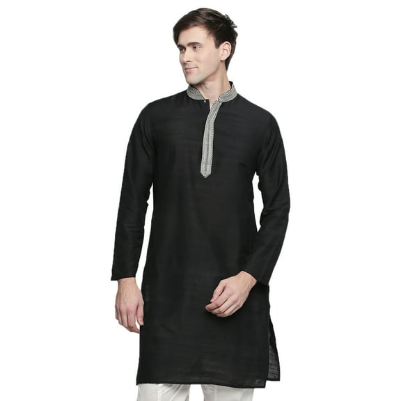 In-Sattva Men's Indian Embroidered Banded Collar and Placket Royal Kurta Tunic; Black, MD