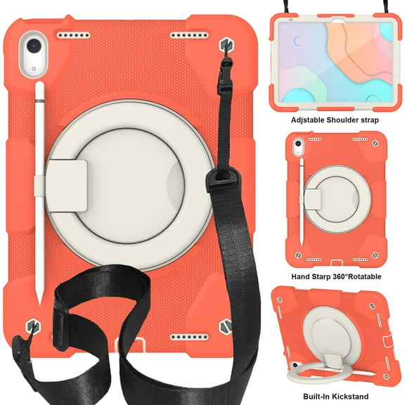 Elehold 3 Layers Multi-Functional Case foriPad 10th Gen 10.9" (2022) Case,with Heavy Duty Shock Resistant Rugged Protection Shoulder Strap Ring Kickstand Protective Case,Orange