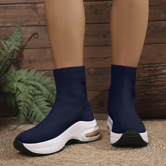 BLTIBY Women's Knitted Elastic Short Boots with Thick Sole Fashion Sock Boot Fall Winter Comfortable Mid-Calf Sneakers Breathable Lightweight Navy 36