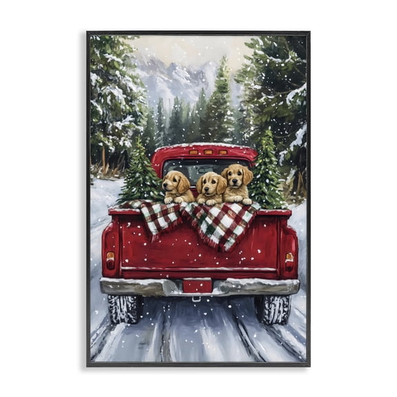 Golden Pups Christmas Truck Black Framed Giclee Art, design by Petal Prints Design