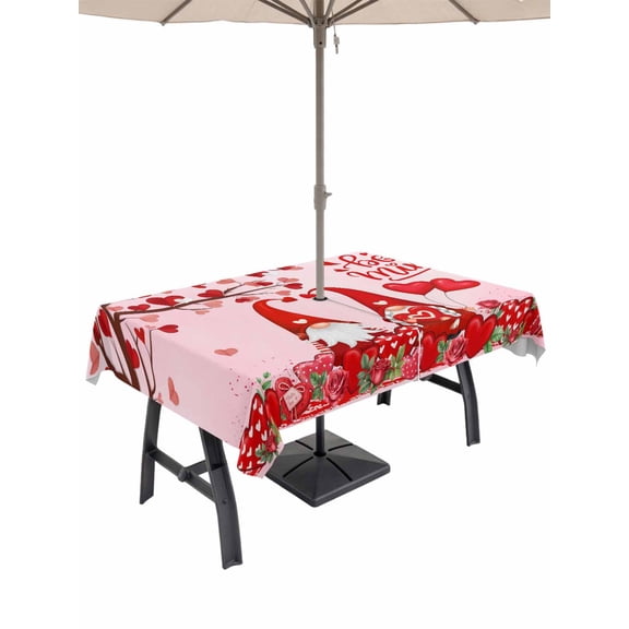 Outdoor Tablecloth with Umbrella Hole and Zipper, Valentine's Day Rectangle Table Cloth 60x84 Inch Waterproof Tablecloth, Gnomes Love Tree Branches Roses Pink Picnic Table Cover for Patio Camping