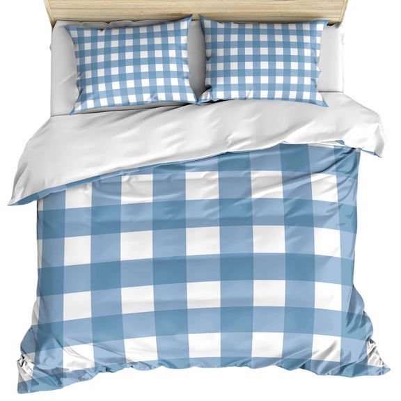 Blue White Plaid Bedding 3 Piece Duvet Cover Set Full Size, Gradient Geometric Buffalo Checkered Soft Microfiber Comforter Cover with Zipper Closure & Pillowcases, Wrinkle & FadeResistant Quilt Cover