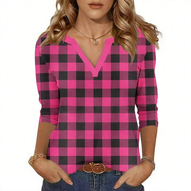 Soki Womens Basic Casual V Neck Plaid Print 3/4 Sleeve Work Tops Blouses Shirts