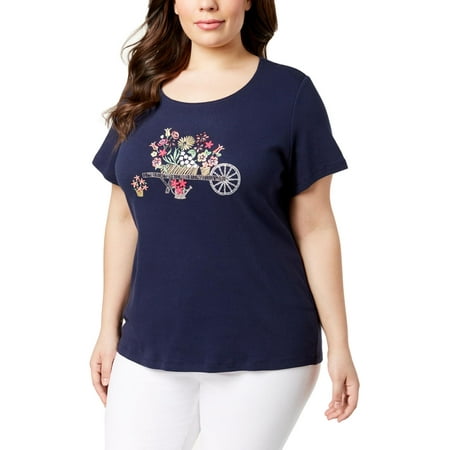 - Karen Scott Womens Plus Garden Flutter Embellished Graphic T-Shirt Navy 1X