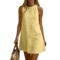 thumbnail image 2 of Mini Dress for Women Solid Linen Crew Neck Summer Vacation Going Out Cute Short Dress Yellow XS, 2 of 6
